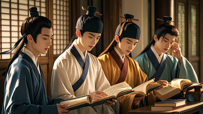 人像摄影；几位书生在古代书院读书，真人实拍，表情丰富，暖光色 (2)