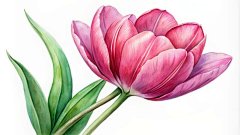 点击来源直接获取大图文件 |以细腻水彩风格绘制的鲜艳粉色郁金香插画，花瓣和花茎柔和，背景洁白干净