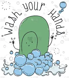 可爱的绿色肥皂泡泡和水促进洗手