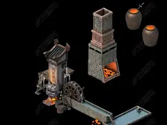 3D游戏铁匠铺杂物熔炉水车道具素材