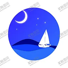 帆船插画 【酷图网】帆船,山岚,月牙,星星,插画,卡通,素材,船,山川,水流,