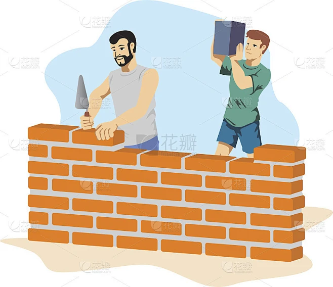 插图描绘的是一群泥瓦匠在建筑工地上筑墙。理想的机构材料素材-花瓣网