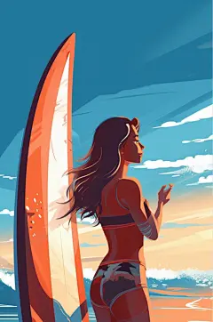 AI数字艺术手绘原创夏季海滩冲浪运动插画
