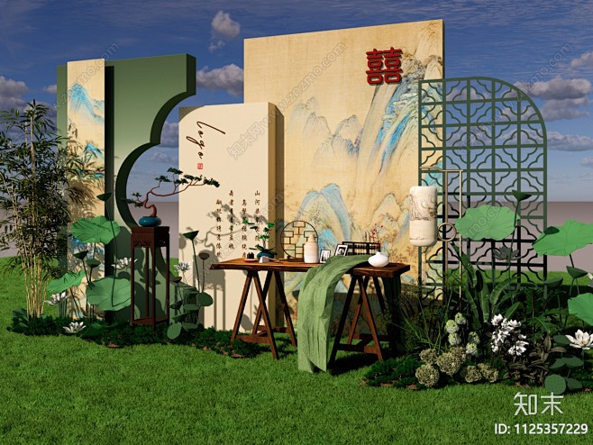 新中式江山图婚礼合影区美陈SU模型下载【...