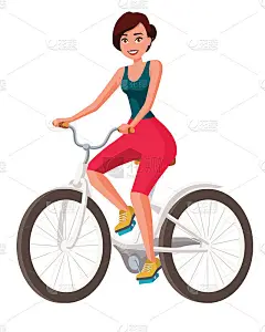 矢量插图的年轻女子在休闲衣服骑自行车。卡通人物写实插画。平坦的年轻女子。前视图。等距视图。运动的女人
