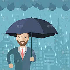 《Umbrella Under the Rain》中的人物。背景中的大城市剪影。矢量图