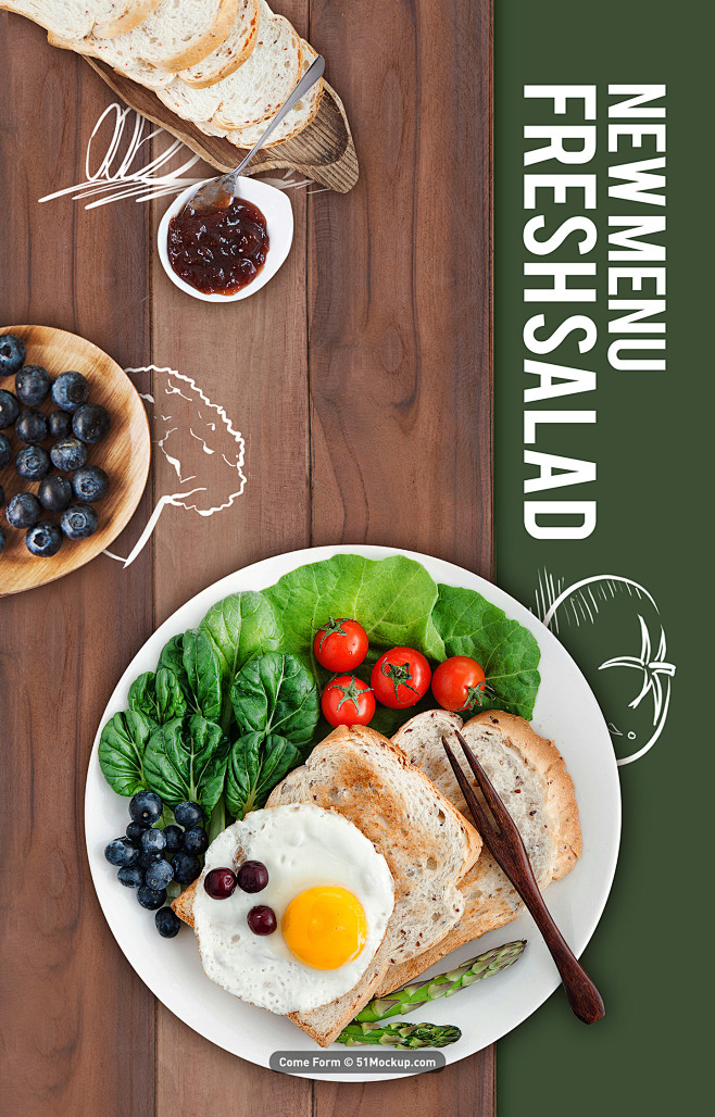 面包 蓝莓蔬菜沙拉 食品海报 健康早餐美...