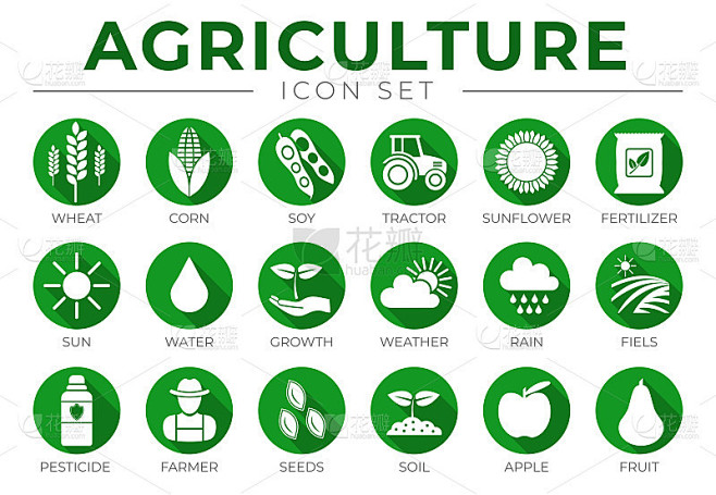 绿色农业圆形图标套小麦，玉米，大豆，拖拉...
