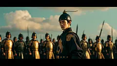 人像摄影；一位穿着飞鱼服的男护卫，后面跟着站着一群锦衣卫，随时准备待命；低饱和度，史诗般的构图，皮肤细节，全身像，超精细，真人写真，电影海报，高清画质