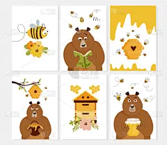 蜜蜂,熊,蜂箱,卡通,贺卡,可爱的,绘画插图,矢量,仅一朵花,蜂窝