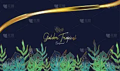 金色的热带树叶背景，可用于婚礼请柬，封面，卡片