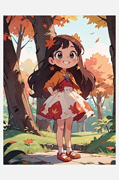 手绘秋天里的小女孩-众图网