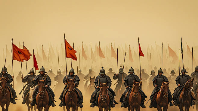 中国古代士卒行军时候的场景，真人实拍，远景，背景黄沙漫天 (3)