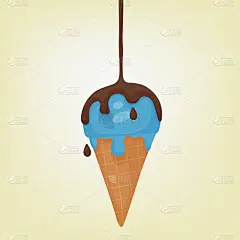 冰淇淋与平面矢量插图卡通风格。一种装在华夫饼蛋筒里的正在融化的蓝色冰淇淋。巧克力糖浆倒在上面。最喜欢