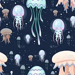 无缝模式。五颜六色的水母。热带水下动物。美杜莎水生生物, 卡通风格设计。在深蓝色背景的平的向量例证