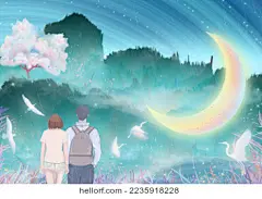 月亮河下情侣户外登山，仙鹤在樱花树丛飞舞插画包装