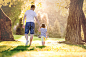 Back view of father and his little daughter walking hand in hand on a meadow in the park