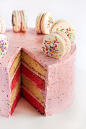 Pink & White Layered Sprinkle Cake with Macarons 