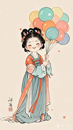 全景,水墨插画,极简主义，漂亮的唐代女士插画,女士拿着一串气球，现代人物与古风工笔画结合，画风细腻成熟，独特的风格，识别度高，人物讨喜又不失韵味，可爱的Q版唐代风俗画图，背景简洁，纯色背景。 (1)