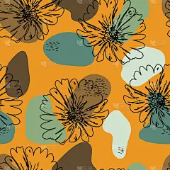 抽象的无缝模式。简单的涂鸦形状和自然花卉元素。现代多彩的当代矢量插图。在橙色背景上手绘雏菊。