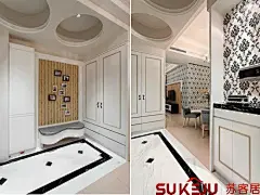 天花、地材拼花、玄关椅利用几何线条做造型上的修饰，利用墙面以相片作为成员们生活纪录的纪实，黑白经典彩度的图腾壁纸，为时尚氛围揭开序幕。_时尚奢华欧式风格 95平米三居室装修效果图2013图片