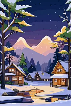 唯美卡通冬季森林小木屋