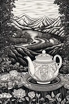 AI数字艺术复古铜版画茶园茶叶插画-众图网