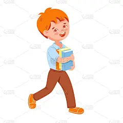 男学生与书本为伴。学校的时间。矢量插图在平面卡通风格。孤立在白色背景上。