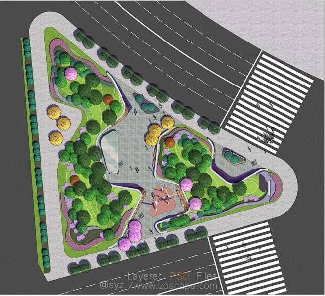个人原创三角街头绿地-街头小游园公园彩色平面图_PSD彩平_ZOSCAPE #zoscape#_931508480