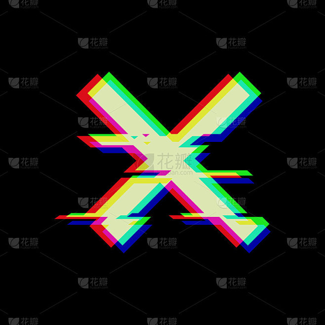 矢量符号的交叉在glitch风格。几何glitched Icon孤立的黑色背景。现代数字像素失真设计