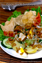 indonesian salad :  Gado-Gado Recipe - potatoes, tomato, cucumber, bean sprouts, shallots, tofu, tempe, eggs, coconut milk, red chilies. #vegetables #tofu #dinner