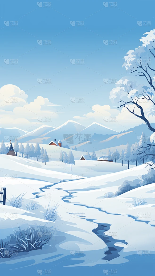 冬季冬天卡通感插画雪景场景背景图片素材素材-花瓣网