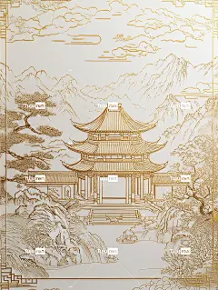 白金线条勒出中国风景画，背景是凉亭、树木、乌云 宁静海报