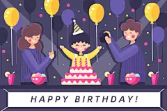 扁平风原创庆祝生日快乐蛋糕亲子时光插画