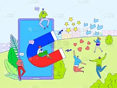 社交媒体营销理念，卡通人物带磁铁，矢量插画