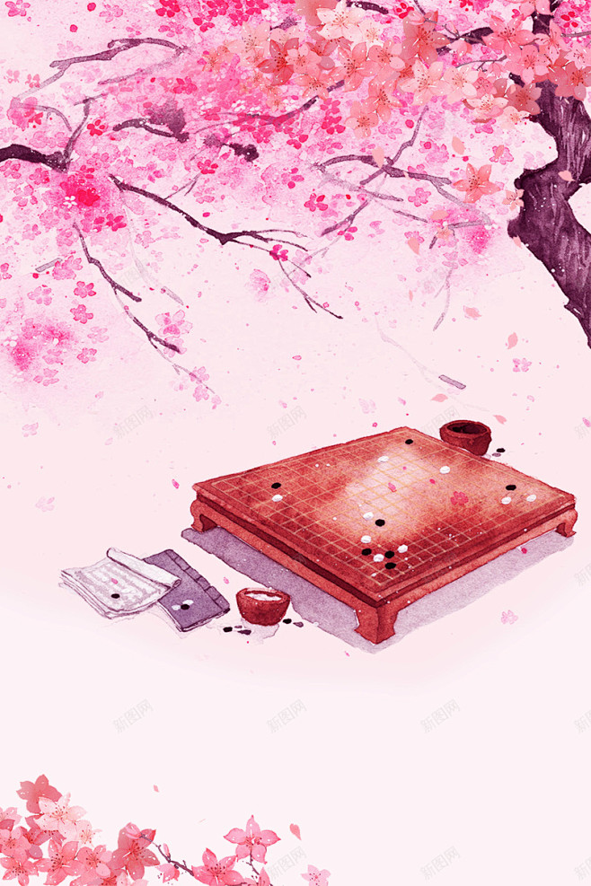 粉色手绘桃花节春游桃花树下棋盘背景 背景...