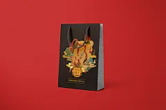 多彩黄牛图案黑色手提袋国潮印花文创样机