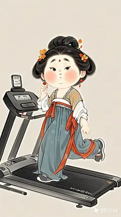 全景,水墨插画,极简主义，微胖的唐代女士插画,在运动，现代器材跑步机，健身，现代人物与古风工笔画结合，画风细腻成熟，独特的风格，识别度高，人物讨喜又不失韵味，可爱的Q版唐代风俗画图，场景干净，纯色背景