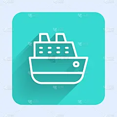白线游轮图标孤立与长阴影。旅游，航海运输。远航客轮、游船。全球巡航。绿色广场按钮。向量