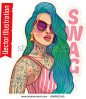 Young beautiful woman in tattoo. Sexy girl with colored hair. Rich chic. Swag girl. Vector t-shirt print. Vector illustration on white background.