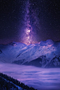 Milky Way over snowy mountain & clouds: 