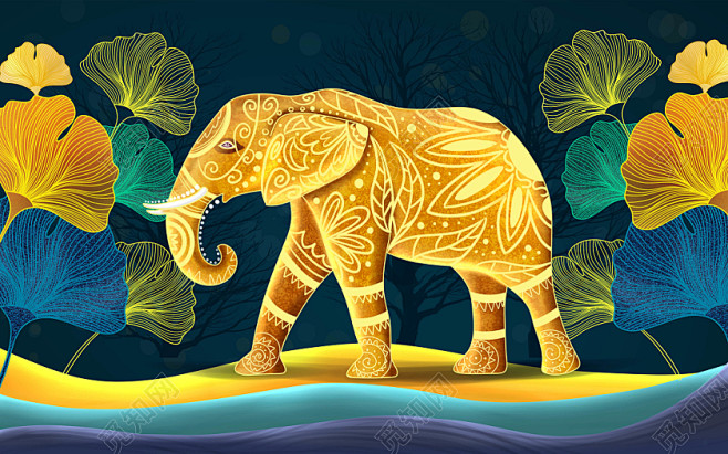 蓝金色新中式手绘创意大象银杏叶装饰版画原...