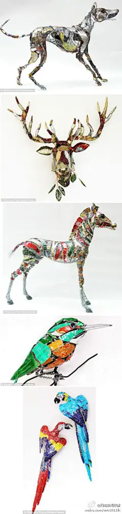 网络新闻联播【英艺术家用垃圾制作雕塑售价2万】艺术家总有&quot;变废为宝&quot;、&quot;化腐朽为神奇&quot;的本领。据英国《每日邮报》报道，英国一位艺术家，现年58岁的芭芭拉-弗兰克经常在遛狗时，捡拾例如易拉罐、假珠宝和电线之类的垃圾，将它们用于艺术创作。废品经过巧手制作，转化成了售价高达2000英镑(2万人民币)的动物雕塑。