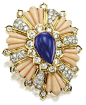 CORAL,ﾠ DIAMONDﾠ ANDﾠ LAPISﾠ LAZULIﾠ BROOCH,ﾠ CARTIER.       Roundﾠ diamondsﾠ weighingﾠ approximatelyﾠ 5.75ﾠ carats,ﾠ mountedﾠ inﾠ 18ﾠ karatﾠ goldﾠ andﾠ platinum,ﾠ signedﾠ Cartier.