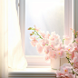 white orchids on a white window sill stock photo 20, in the style of kawaii aesthetic, books and portfolios, light pink and light orange, 3840x2160, romantic themes, meticulous design, pink and green