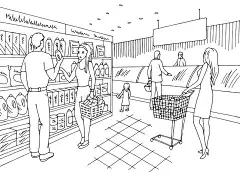 图源免费EPS文件 |杂货店内部黑白图形素描插画矢量图，人们正在购买商品