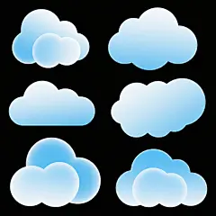 一套由6个不同造型和角度的云朵组成的系列素材集合，每个云朵都采用柔和的天蓝色渐变填充，具有轻盈蓬松的质感和细腻的边缘过渡，整体呈现出简约现代的设计风格，所有云朵元素规整地排布在纯白色的纯色背景上，保持统一的色彩搭配和视觉效果。