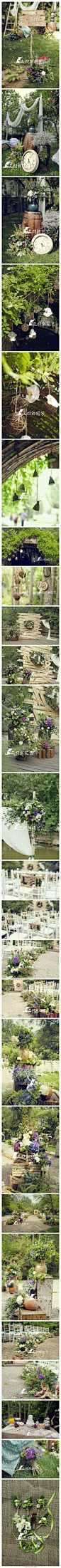 【紫色森系主题婚礼 梦想中的安静花园】郁郁葱葱的林间，一场精心布置的森系婚礼。木桩、陶罐、花器，枝枝蔓蔓的花草，构成了梦想中安静的花园。蓝紫色的绣球花，一团团在视野中，是这个夏天最热情的祝福。感谢@三只熊花艺-沁园恒硕 的分享http://t.cn/RPg5Re0