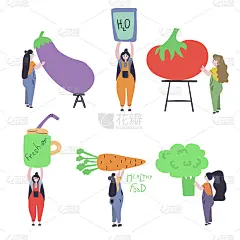 套小女人用大茄子、胡萝卜、西红柿、花椰菜、一杯水和一罐果汁或奶昔。平面向量插图。