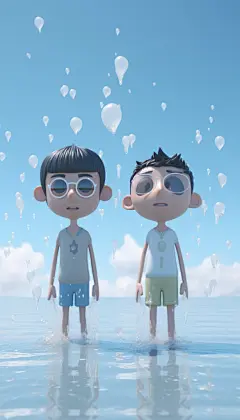 夏日海边度假玩水3D人物场景插画